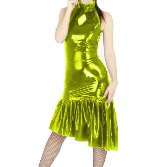 20 Colors Ladies Sleeveless Irregular Hem Midi Dress Sexy Shiny Metallic High Neck Party Dress Ruched A-line Bodycon Vestido