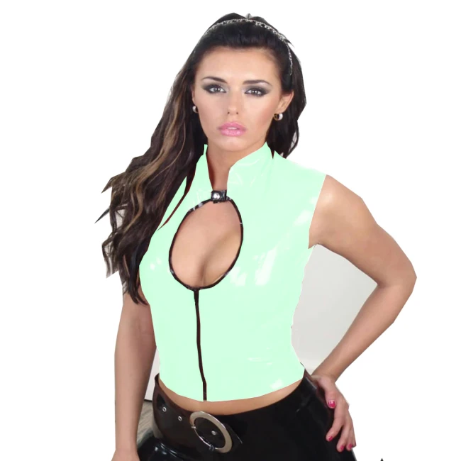 Plus Size Mandarin Collar Blouse Ladies PVC Hollow Out Zipper Front Tops Keyhole Sleeveless Bodycon Tops Sexy Dancing Clubwear