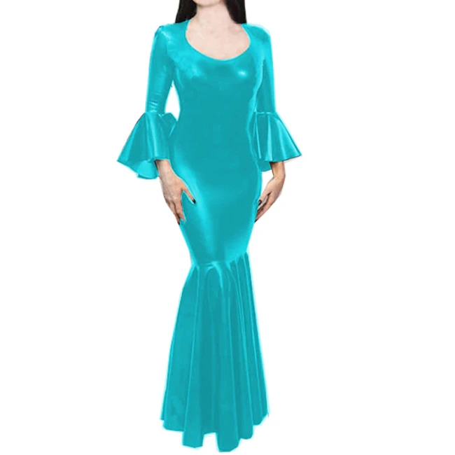Lady Mermaid Leather PVC Deep O Neck Evening Flare Sleeve Fishtail Dress 2021 Hot Party Night Club Robe Vestidos plus size S-7XL