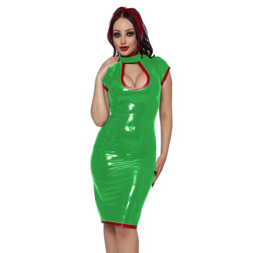 23 Colors Elegant Qipao Midi Dress Novelty Mandarin Collar Keyhole Bodycon Patchwork Color Dress Sexy Women Wetlook PVC Clubwear