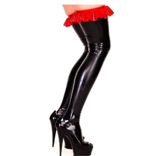 Plus Size Sexy Ruffles Trim Stockings Ladies Thigh High Faux Leather Metallic Dancing Stockings Fashion Over Knee Long Socks