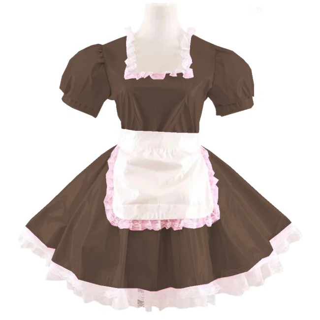 Women Adults Sissy Cosplay Costume Square Neck Lace Dress with Apron Lolita PVC Short Sleeve A-line Mini Maid Pleated Dress