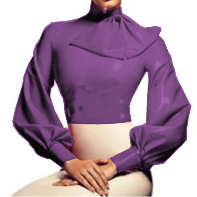 High-End Leather pvc Professional top Women New Fashion Stand Collar Bow Work Tops 2021 New lady Elegant Women long-sleeved Tops