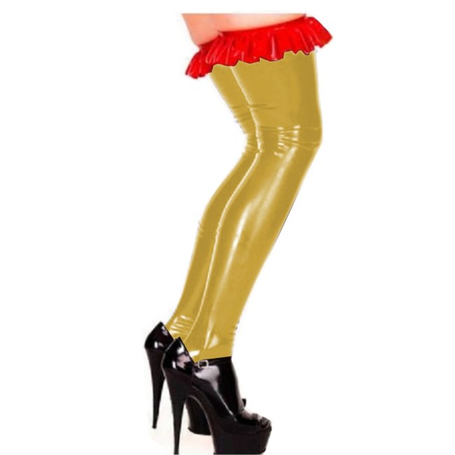 Plus Size Sexy Ruffles Trim Stockings Ladies Thigh High Faux Leather Metallic Dancing Stockings Fashion Over Knee Long Socks