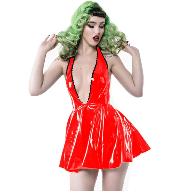 Women Clubwear Sexy Deep V-neck Mini Dress High Quality Sleeveless Stripper Dress Exotic Vinyl Leather Gothic backless Dress