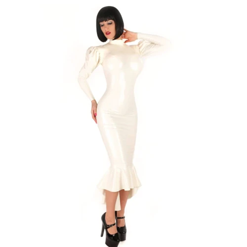 Women Sexy PVC Club Party Long Dress High Neck Long Puff Sleeves dress Female Fashion Autumn Spring Robes Dresses Vestidos