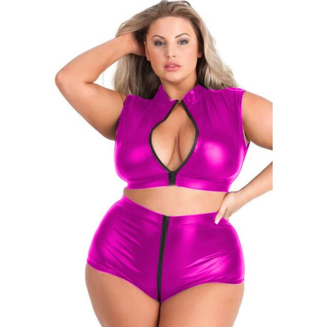 20 Colors Shiny Metallic Dancing Suit Women Zipper Open Bust Buttock Design Costume Sexy Crop Top With Hot Crotchless Shorts