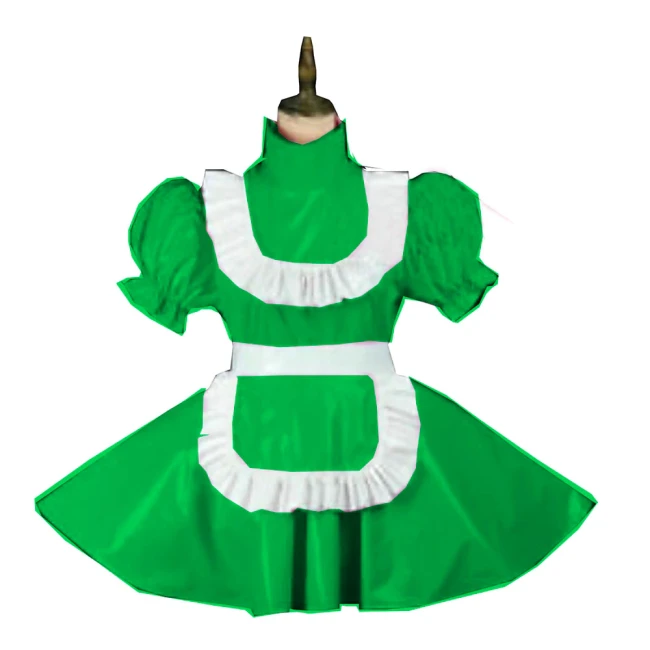 Plus Size Vintage Puff Short Sleeve Maid Dress Retro High Neck PVC Glossy Lady Lolita Mini Pleated Dress Cosplay Party Uniform