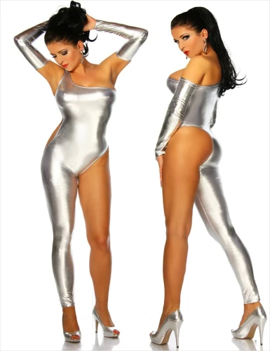 Hot Selling Black/Gold/Silver Gothic Punk Nightclub Bodysuit Single Shoulder Faux Leather Catsuit Dancing Clubwear Costumes