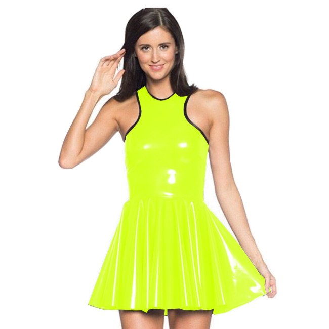 23 Colors Summer Sleeveless A-line Mini Dress Ladies Glossy Rubber Back Zipper Pleated Short Dress Sexy Dancing Party Clubwear