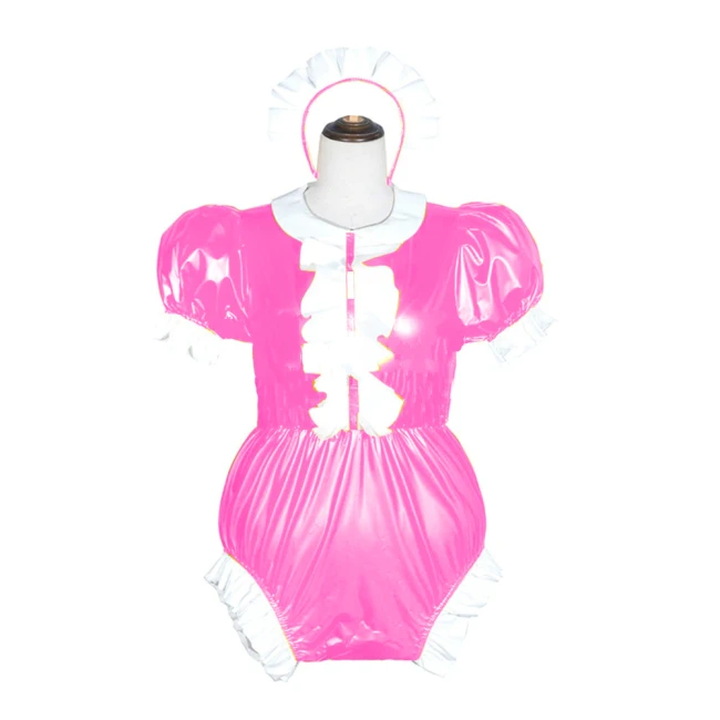 23 Colors Puff Short Sleeve Maid Cosplay Costume Sexy Wetlook PVC Bodysuit Women High Cut Jumpsuit Novelty Stage Fancy Dress