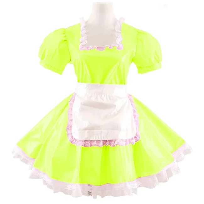 Women Adults Sissy Cosplay Costume Square Neck Lace Dress with Apron Lolita PVC Short Sleeve A-line Mini Maid Pleated Dress