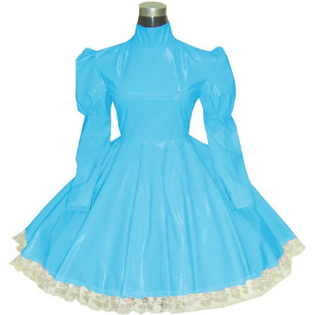 Lolita punk pink PVC Maid Cosplay Fancy Dress Clubwear Long Sleeve Gothic Dress Sexy Sissy French Maid PVC Dress Uniform