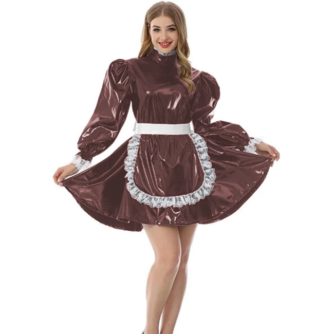 PVC Lovely Puff Sleeve Adult Maid Dress Elegant Kawaii Lolita Gothic Sissy Dress Party Halloween Costume XS-7XL Lockable Dresses