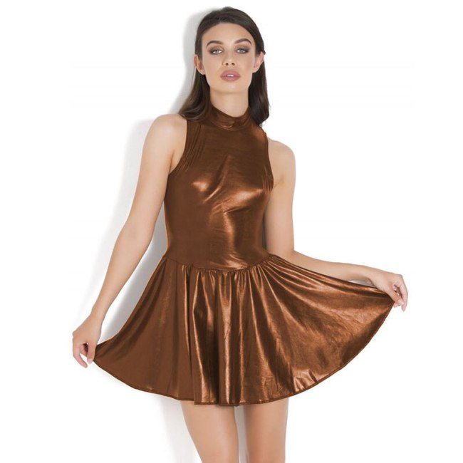 Skater Leather Dress Plus Size A-line Metallic Dress Summer Sleeveless Bottom Flare Mini Dresses Vintage Wet Look Dress Vestidos