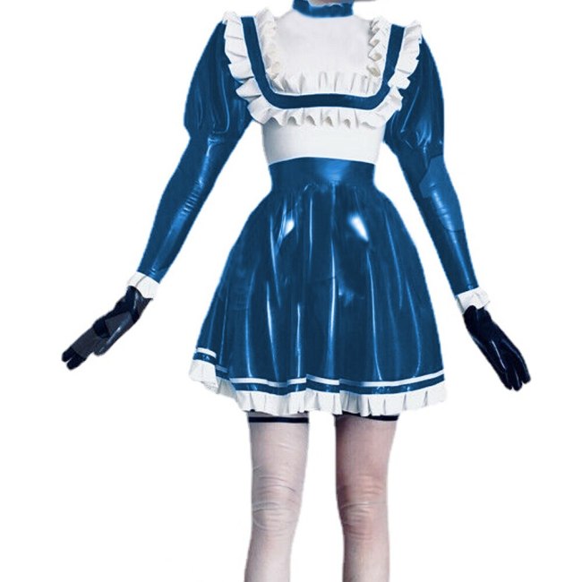 Sexy  Maid Dress Rubber Wet Look PVC Faux Sailor Japanese School Students Clothes with Trim Bow Back Zip Pleated Clubwear