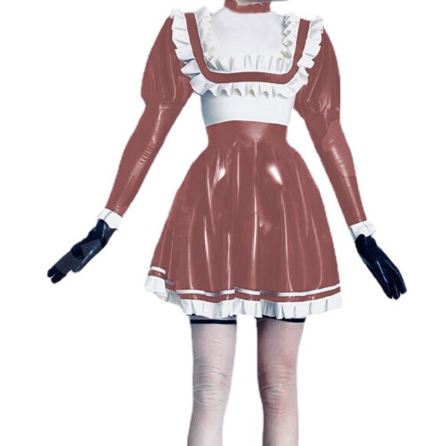 Sexy  Maid Dress Rubber Wet Look PVC Faux Sailor Japanese School Students Clothes with Trim Bow Back Zip Pleated Clubwear