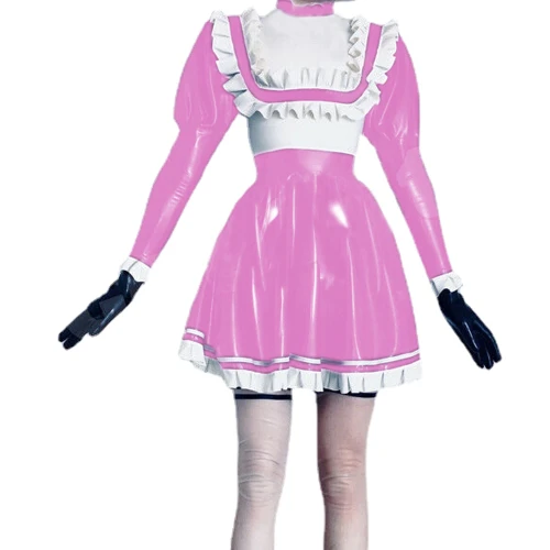 Sexy Latex Maid Dress Rubber Wet Look PVC Faux Sailor Japanese School Students Clothes with Trim Bow Back Zip Pleated Clubwear