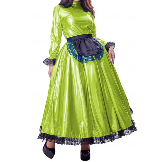 French PVC Sissy Girl Maid Long Dress Costume Cosplay Maid Long sleeve Uniform Tailor-made XS-7XL Club Lolita Dress With Apron