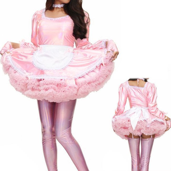 Sissy Lolita Sweet Classic Lolita Dress Fancy Apron Maid Dress Laser Puff Long Sleeve Shiny Costume With Gloves and Neckwear 7XL
