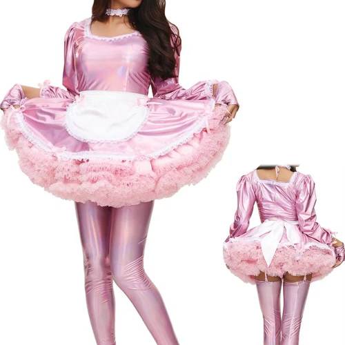 Sissy Lolita Sweet Classic Lolita Dress Fancy Apron Maid Dress Laser Puff Long Sleeve Shiny Costume With Gloves and Neckwear 7XL