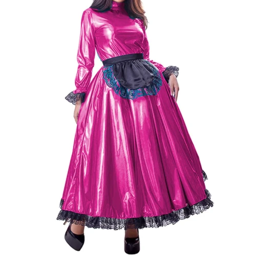 French PVC Sissy Girl Maid Long Dress Costume Cosplay Maid Long sleeve Uniform Tailor-made XS-7XL Club Lolita Dress With Apron