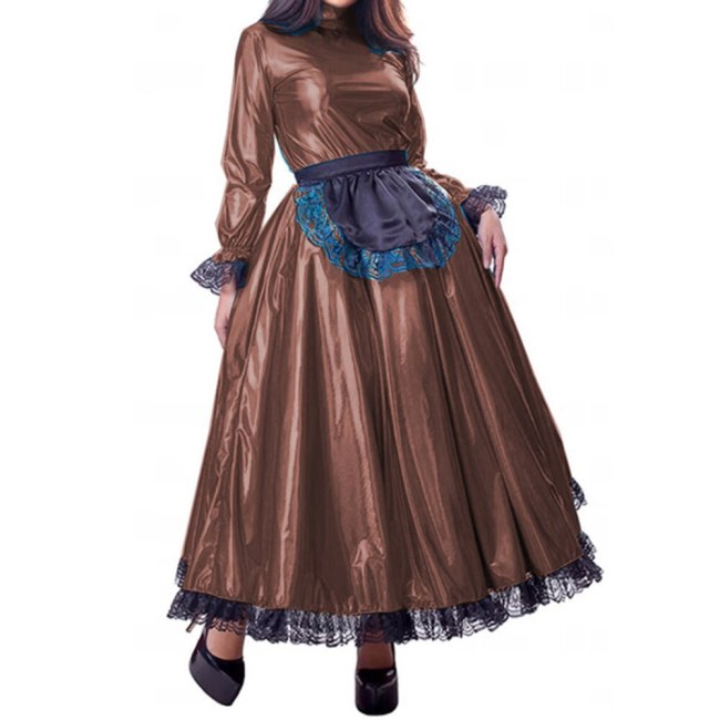 French PVC Sissy Girl Maid Long Dress Costume Cosplay Maid Long sleeve Uniform Tailor-made XS-7XL Club Lolita Dress With Apron