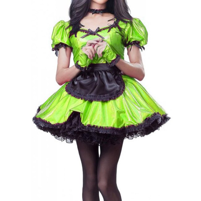 Sissy Metallic Puff Sleeve Laser Mini Dress Plus Size Pleated Dress Female Cosplay Costume Halloween Exotic Maids Dress + Apron