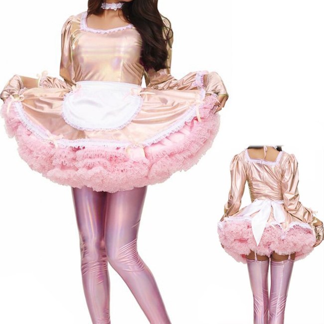 Sissy Lolita Sweet Classic Lolita Dress Fancy Apron Maid Dress Laser Puff Long Sleeve Shiny Costume With Gloves and Neckwear 7XL