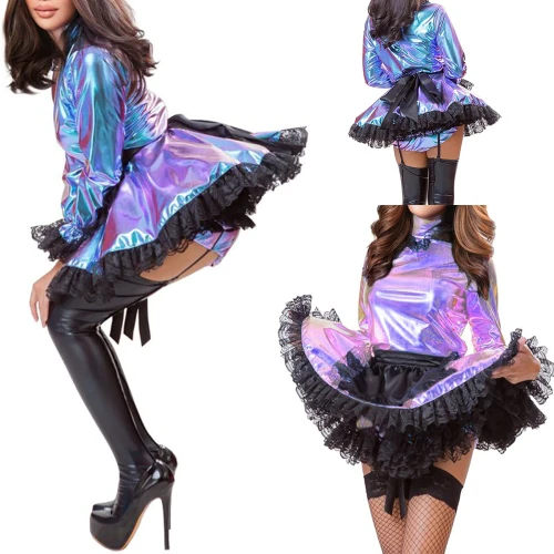 Sissy Metallic Puff Sleeve Laser Mini Dress Plus Size Pleated Dress Female Cosplay Costume Halloween Exotic Maids Dress + Apron