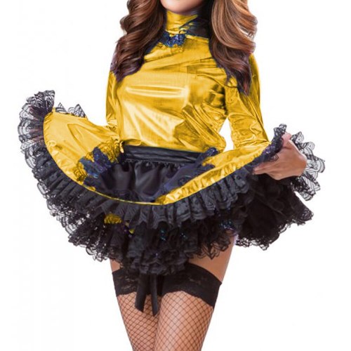 Sissy Metallic Puff Sleeve Laser Mini Dress Plus Size Pleated Dress Female Cosplay Costume Halloween Exotic Maids Dress + Apron