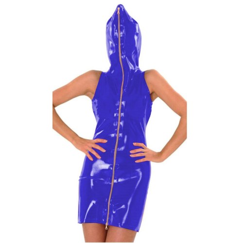 23 Colors Ladies Sleeveless Wet Look Latex Hooded Mini Dress Novelty Zipper Front PVC Cosplay Party Dress Sexy Bodycon Clubwear