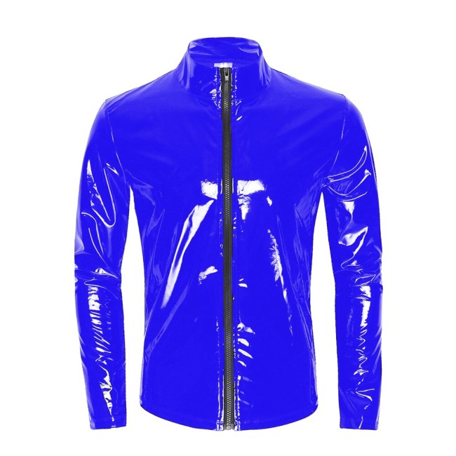 11 Colors Mens Shiny Metallic T-shirt Coat Wet Look PVC Leather Zipper Shirts Party Club wear Male Streetwear Autumn Jacket Tops