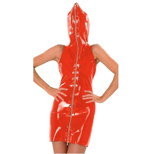 23 Colors Ladies Sleeveless Wet Look Latex Hooded Mini Dress Novelty Zipper Front PVC Cosplay Party Dress Sexy Bodycon Clubwear