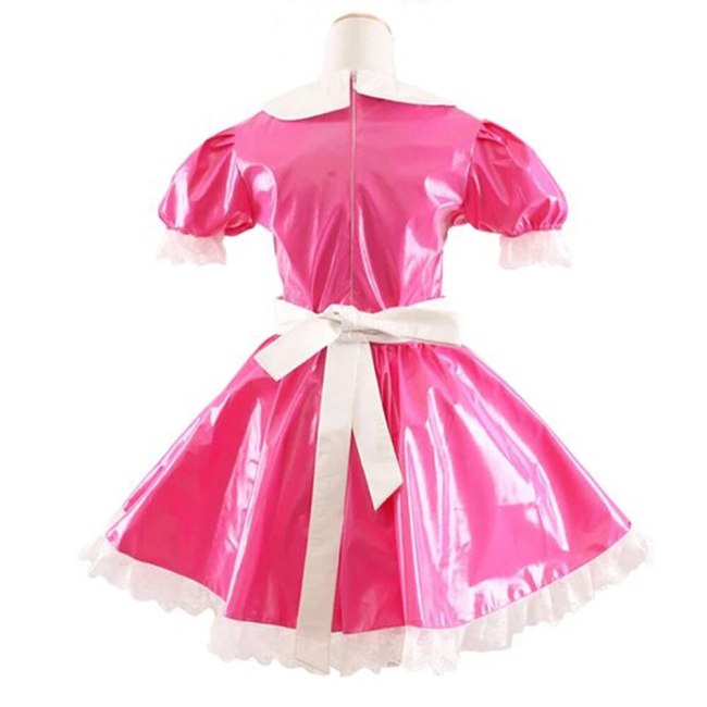 Lady Cute Doll Collar French Maid Mini Club Dress Women Summer Sissy Cosplay Sexy Short Sleeve Patent Leather Dresses with Apron