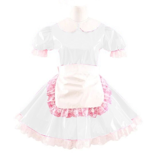 Lady Cute Doll Collar French Maid Mini Club Dress Women Summer Sissy Cosplay Sexy Short Sleeve Patent Leather Dresses with Apron