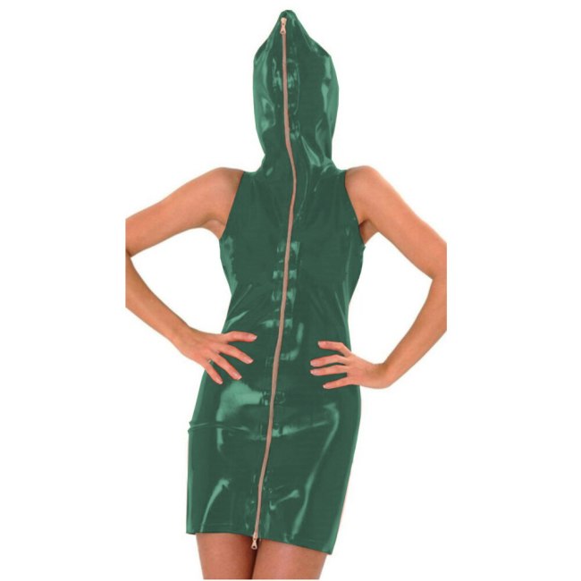 23 Colors Ladies Sleeveless Wet Look Hooded Mini Dress Novelty Zipper Front PVC Cosplay Party Dress Sexy Bodycon Clubwear