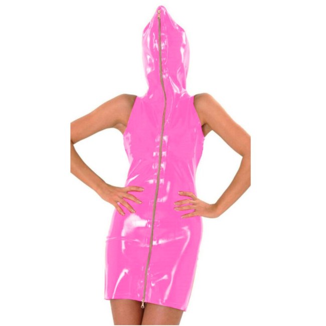 23 Colors Ladies Sleeveless Wet Look Hooded Mini Dress Novelty Zipper Front PVC Cosplay Party Dress Sexy Bodycon Clubwear