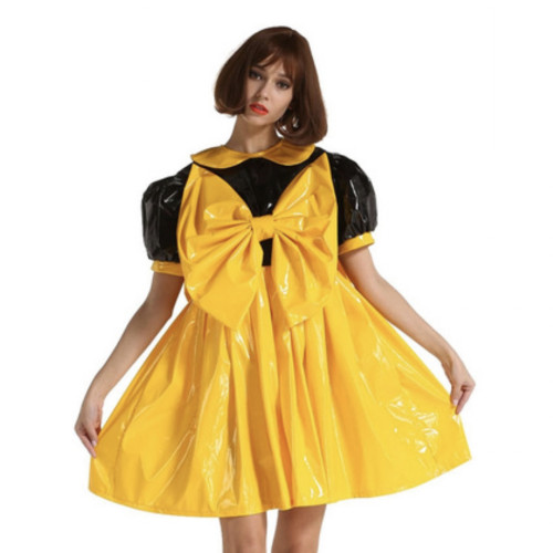 PVC Big Bow Lovely Puff Sleeve Dress Adult Sissy  Dress Elegant Kawaii Lolita Dress Gothic Party Halloween Costume S-7XL