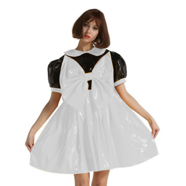 PVC Big Bow Lovely Puff Sleeve Dress Adult Sissy  Dress Elegant Kawaii Lolita Dress Gothic Party Halloween Costume S-7XL