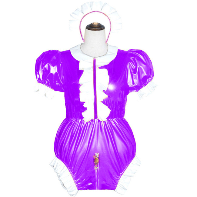 Maids Lockable Crotch Jumpsuits Rompers Sexy Cross Dressing Puff Short Sleeve Maid Cosplay Costumes Sissy Wetlook PVC Bodysuit