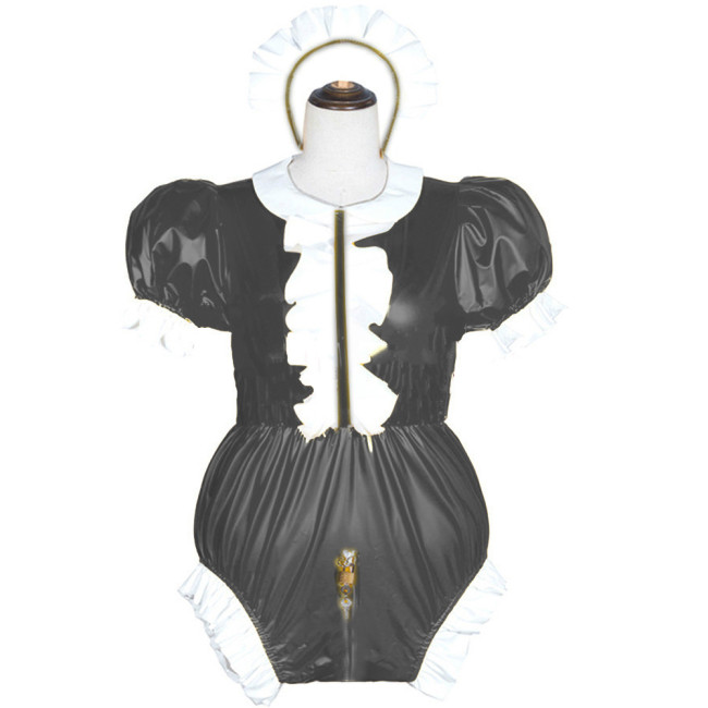 Maids Lockable Crotch Jumpsuits Rompers Sexy Cross Dressing Puff Short Sleeve Maid Cosplay Costumes Sissy Wetlook PVC Bodysuit