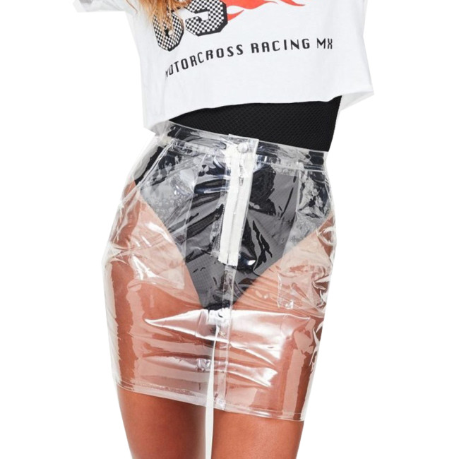 New Arrival Plus Size Bodycon Transparent High Waist Mini Skirt Women Bright Plastic PVC Front Zipper Pencil Short Skirts S-7XL