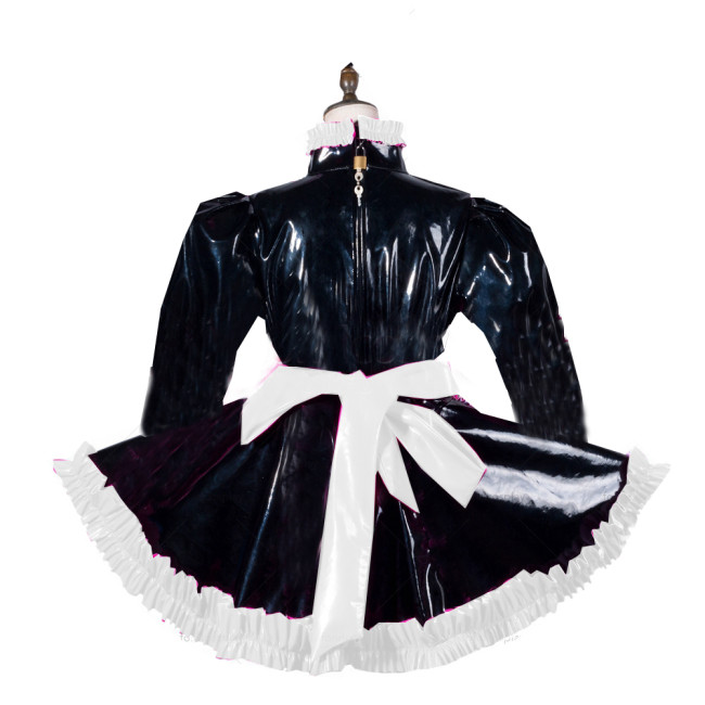 Long Sleeve Sissy Dress PVC Bow Pant Dress Lockable French Maid Outfit Shiny Lolita Cosplay Crossdresser Plus Size S-7XL