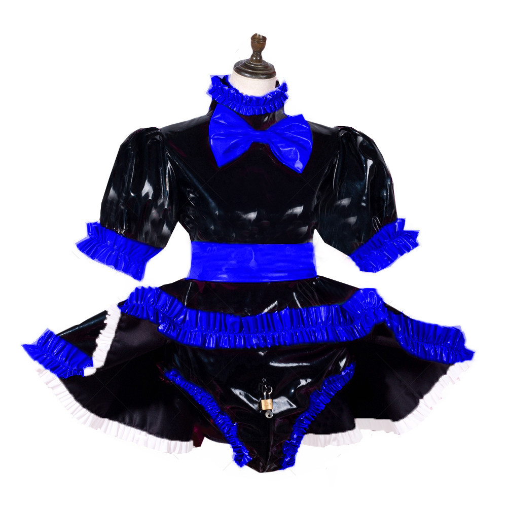 Adult sexy cross dressing sissy Leather pvc dress lockable jumpsuits  rompers maid Dress panties Tailor-made