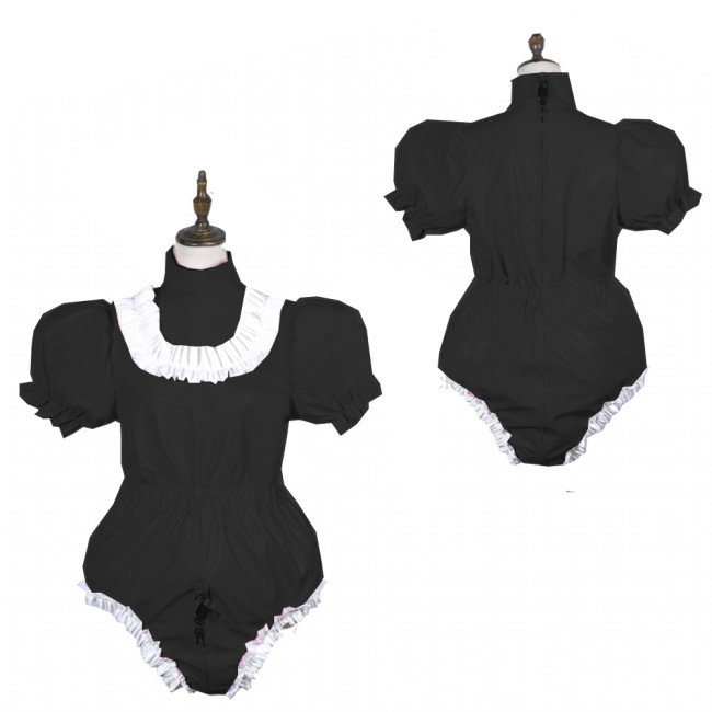 Sissy Bodysuit Shiny PVC Lolita Puff Short Sleeve Maid Cosplay Costume Vinyl Maid Dress Lockable Gothic Jumpsit  Plus Size 7XL