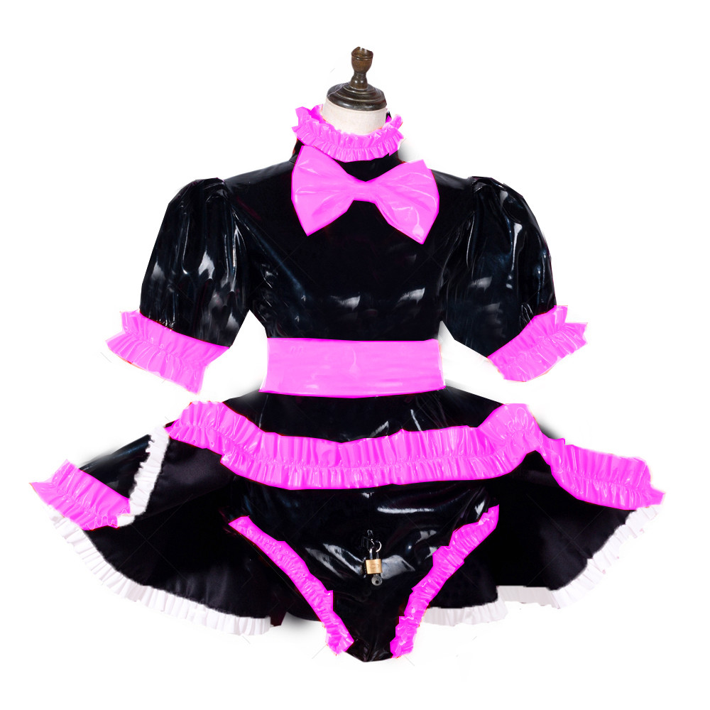 Lockable Sissy Maid Dress Plus Size Lolita PVC Maid Cosume with Bow PVC  Crossdressing Fetish Wear