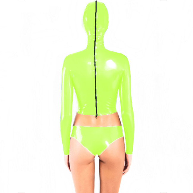 Erotic Fetish Shiny PVC Leather Body Suit Sexy Women Teddy Hooded Top and Shorts Femme Wet Look Open Eyes Mouth Cosplay Costumes