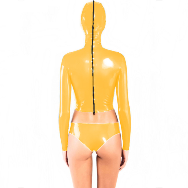 Erotic Fetish Shiny PVC Leather Body Suit Sexy Women Teddy Hooded Top and Shorts Femme Wet Look Open Eyes Mouth Cosplay Costumes