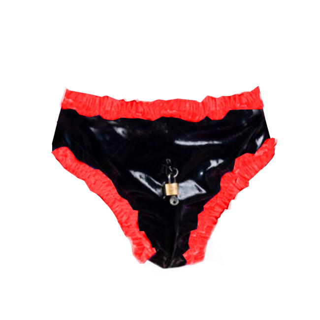 Lockable Sissy PVC Briefs Men Ruffled Panties Thongs Male Gay Underwear Crossdress Costume Panty Skirt Thongs PVC Underwear